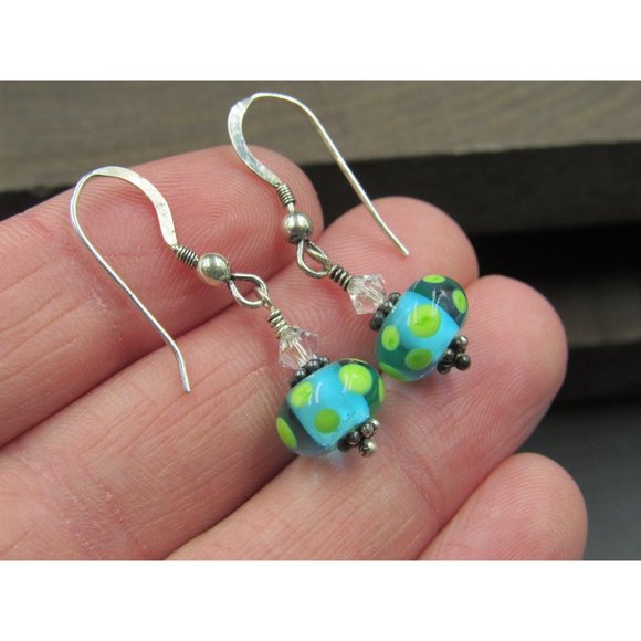 Sterling Silver Blue And Green Glass Earrings - Picture 2 of 5
